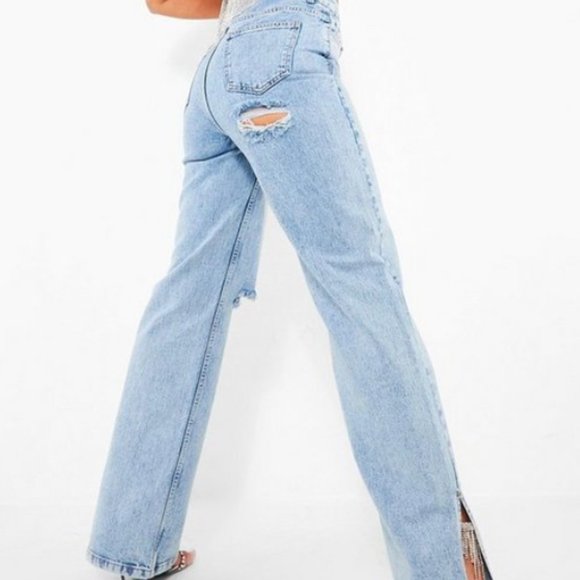 Boohoo Acid Wash Rip Split Hem mom Jeans - Picture 2 of 8